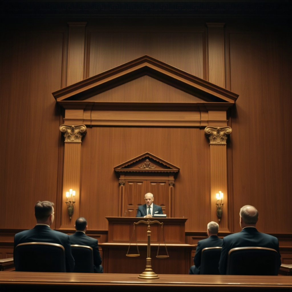 Legal suspense courtroom drama cover with witness stand and case files